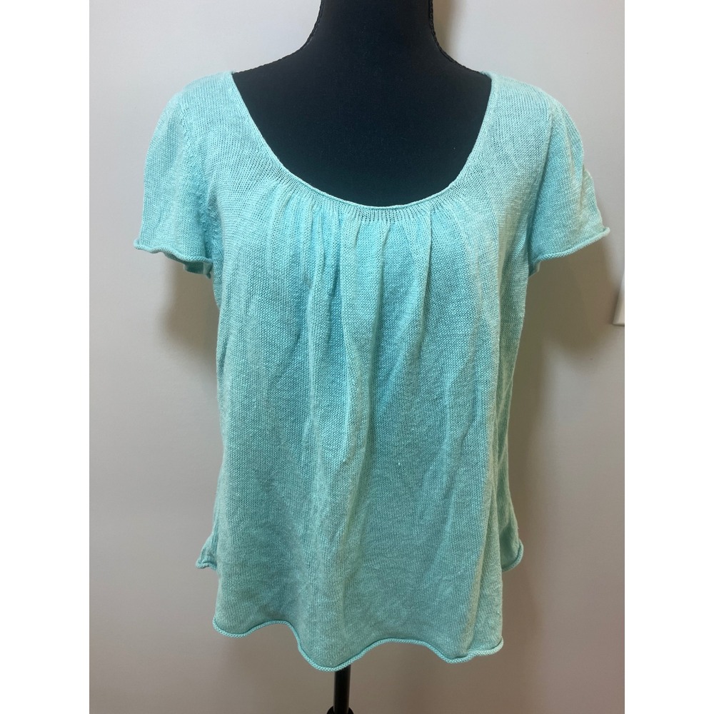 Eileen Fisher Aqua Blue 100% Linen Short Sleeve Pleated Scoop Neck Sweater M